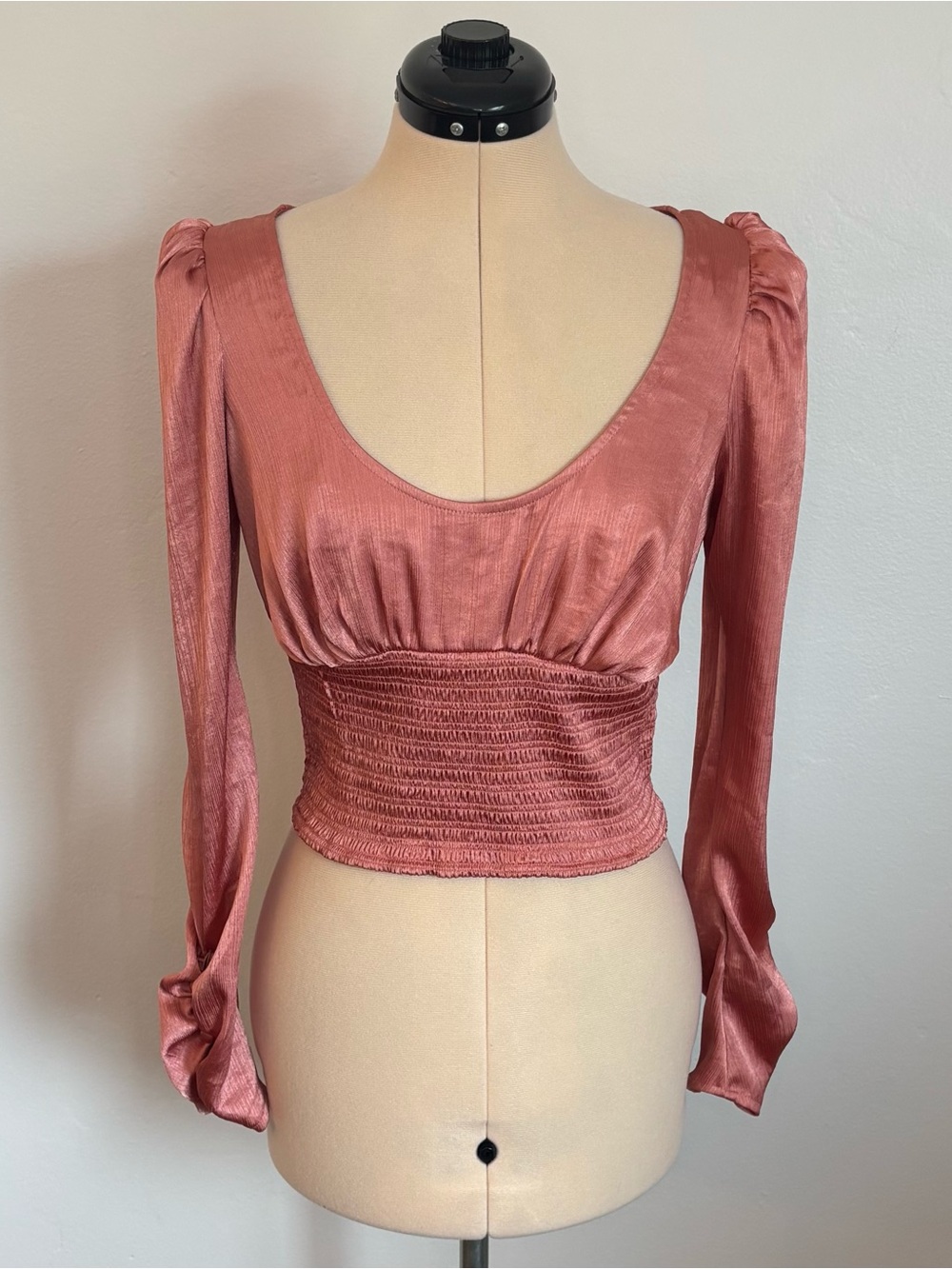 Free People Santiago Cropped Smocked Blouse in Pink Cinnamon, Long Sleeve, S